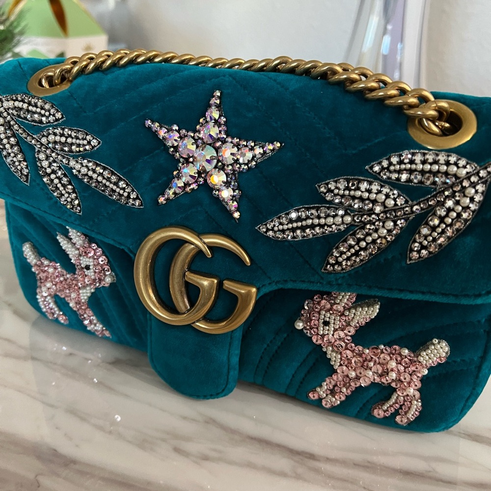 Gucci Marmont Teal Velvet Embellished Limited Editiom Bag Chain Deer - Picture 3 of 13